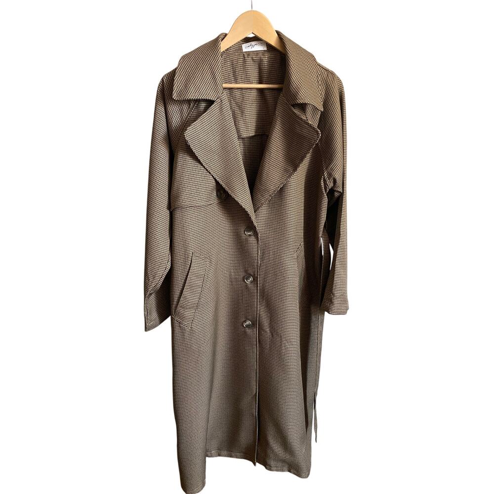 Carly Jean Women's Size S Downing Trench Coat Jacket Taupe Tie Belt Houndstooth